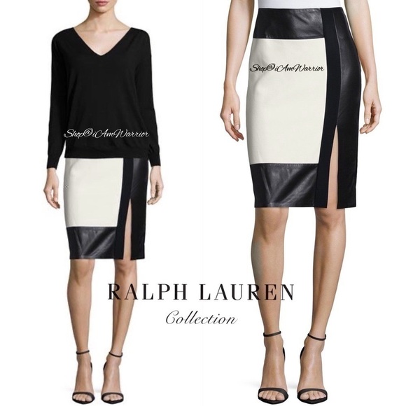 Ralph Lauren Collection leather/wool colorblock pencil skirt *shop@iamwarrior - Picture 2 of 10